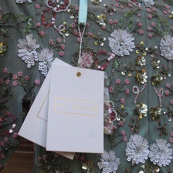 MAC DUGGAL 5716 Green Sequined Floral Long Sleeve High Neck Midi Dress - Picture 13 of 15